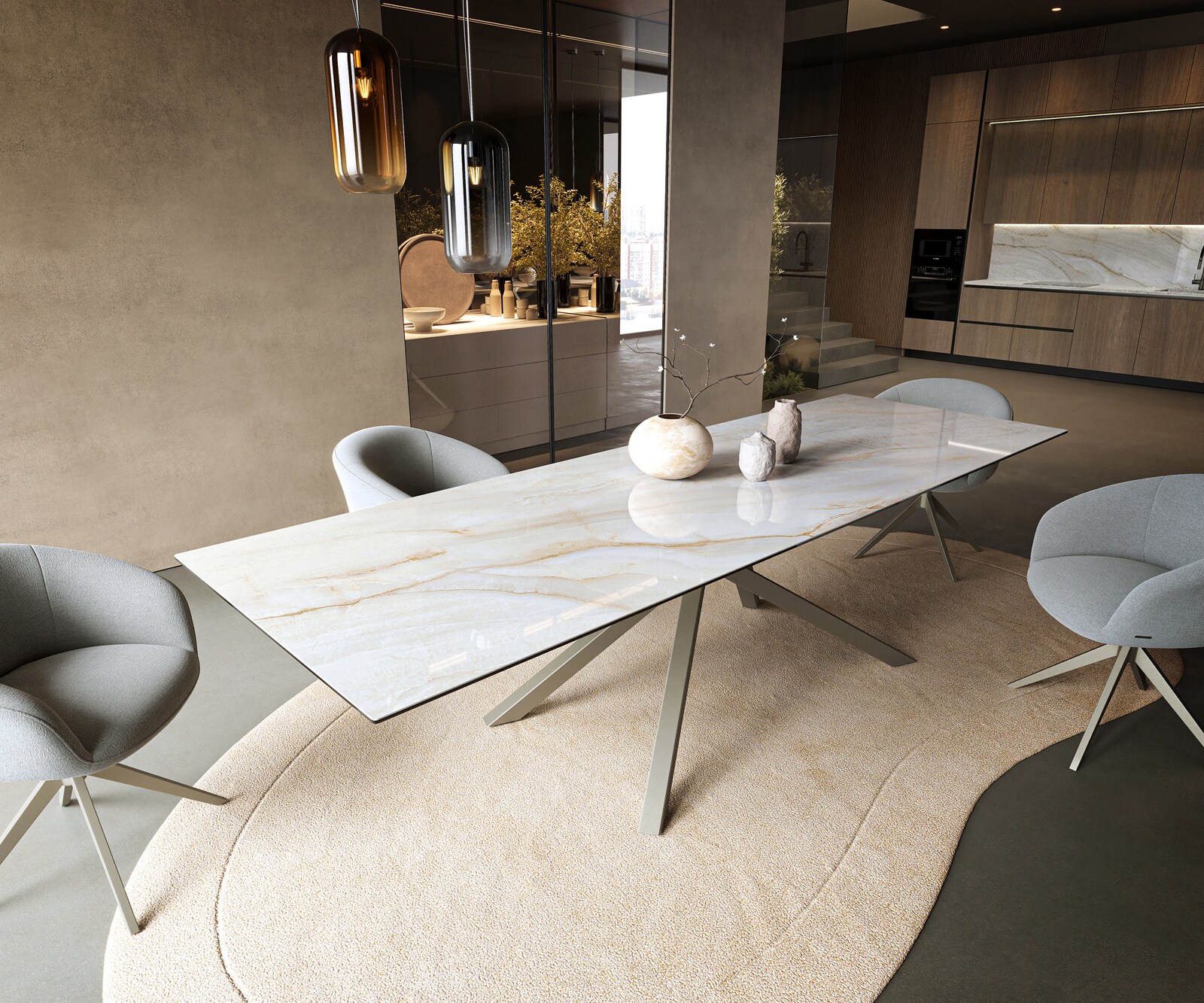 Stół do jadalni Edge 300x100cm ceramika Onyx Pearl rama Cross kolor tytanowy