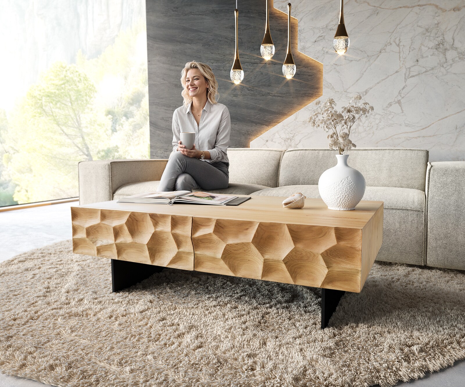 Stolik kawowy Solu stolik kawowy 120x70 cm dąb naturalny 4 szuflady nóżki wąskie czarny metal front 3D