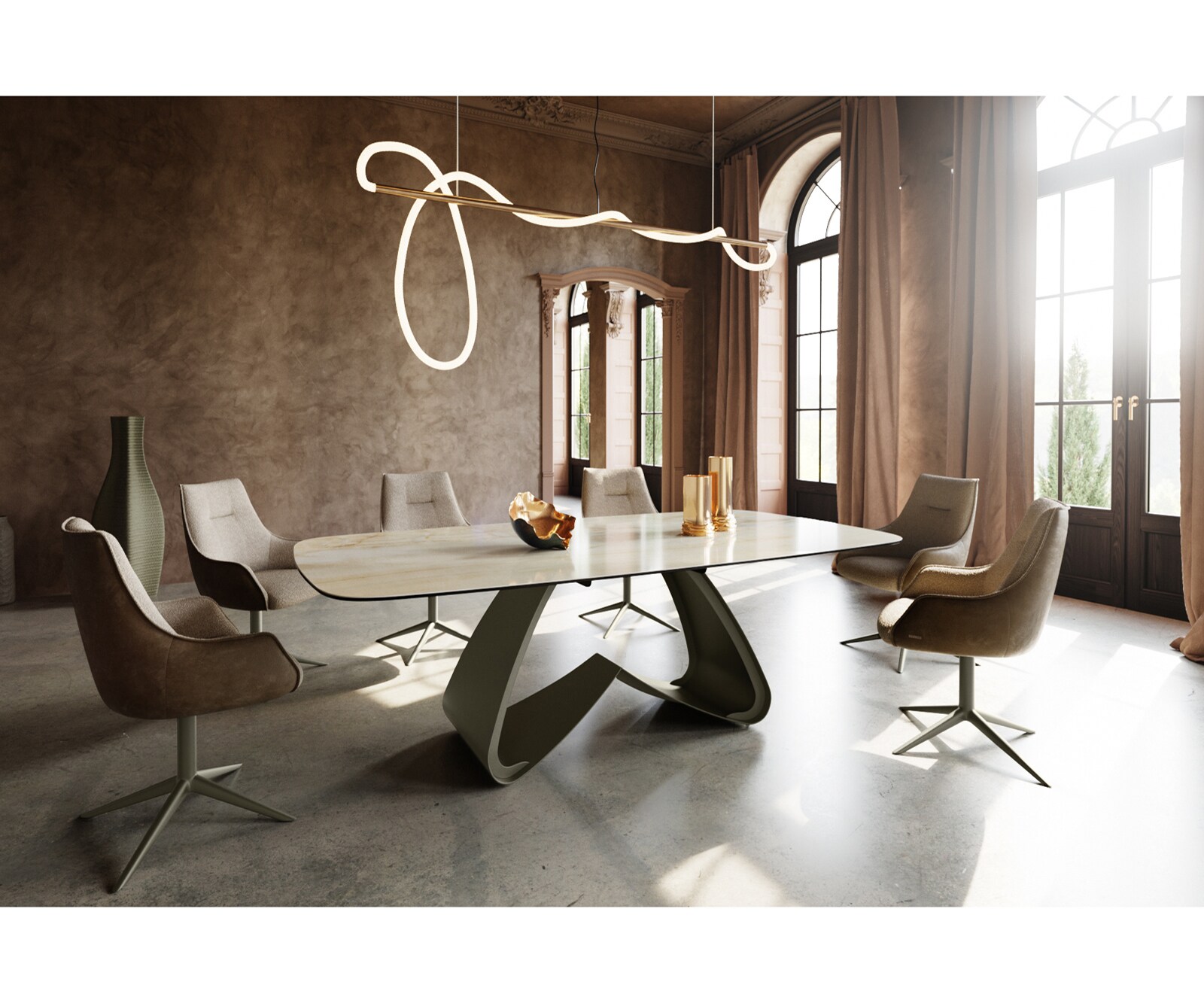 Stół do jadalni Edge w kształcie beczki 240x120cm ceramika Iris FMG Onice Oro rama W metal kolor tytanowy 5