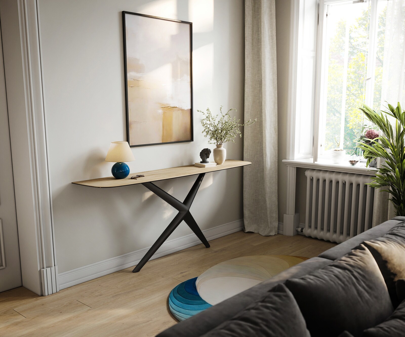 Konsola Edge w kształcie beczki 180x40 cm ceramika Laminam® Sabbia w kolorze dębu rama Estelo metal czarny 7