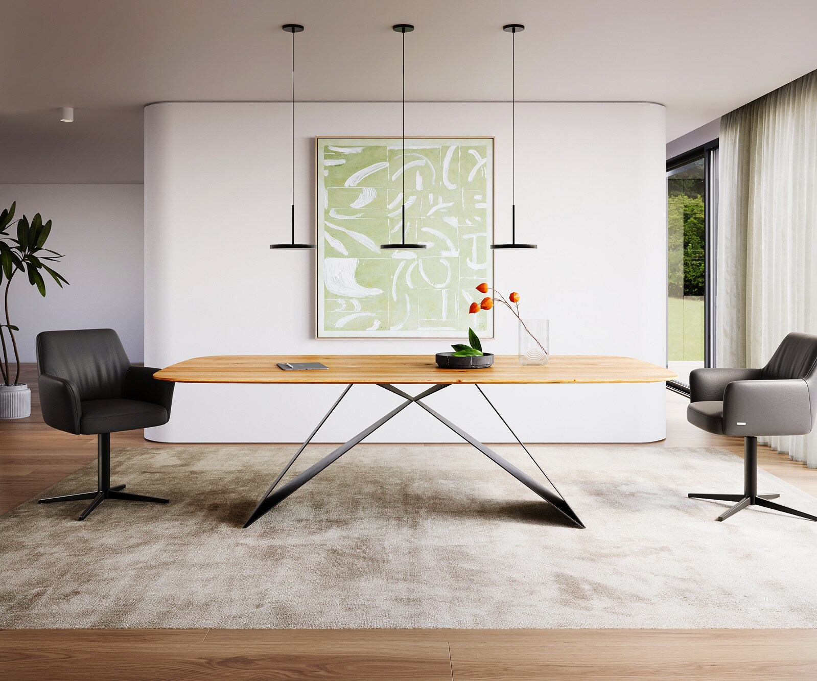 Stół do jadalni Edge kształt beczki 240x120x2,5-3cm dąb naturalny rama V metal czarna krawędź szwajcarska
