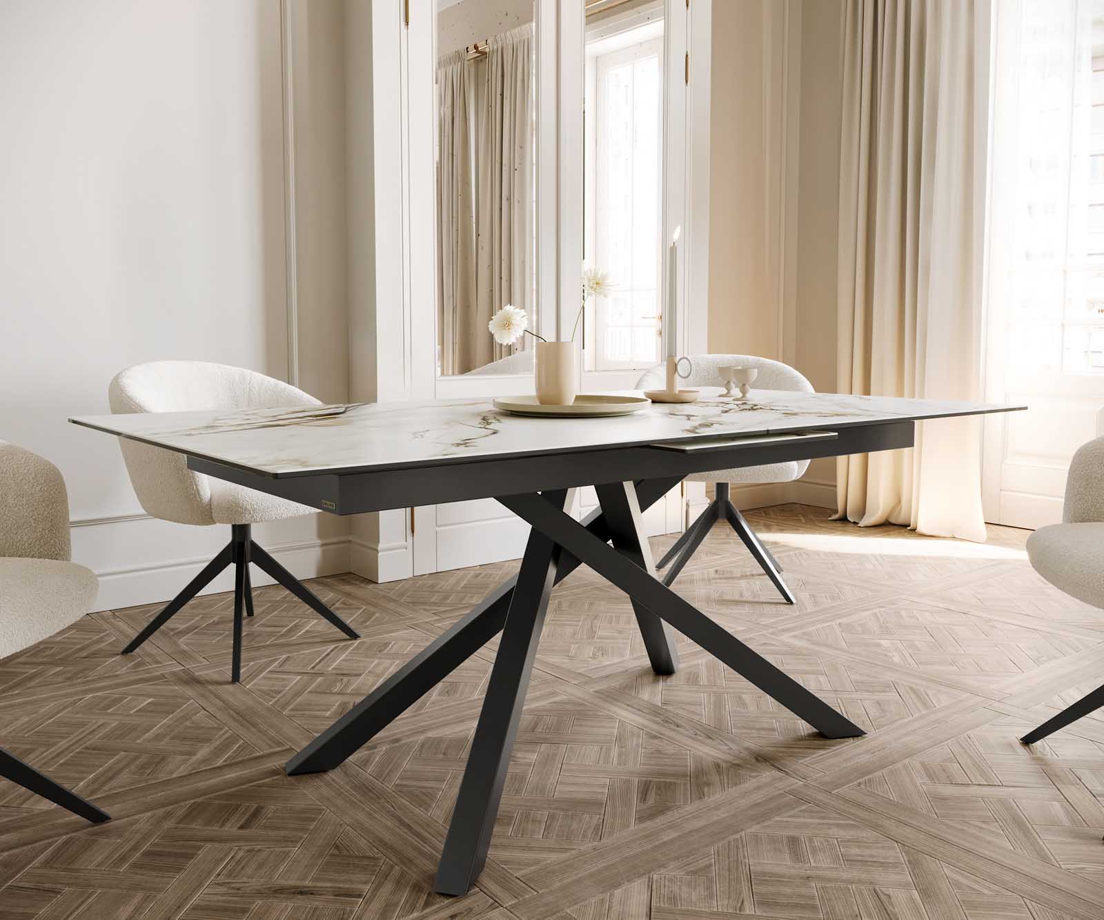 Stół do jadalni Edge 180-220x100 cm ceramika Calacatta Luxe biało-złoto-szary rama Cross czarna rozkładany 6