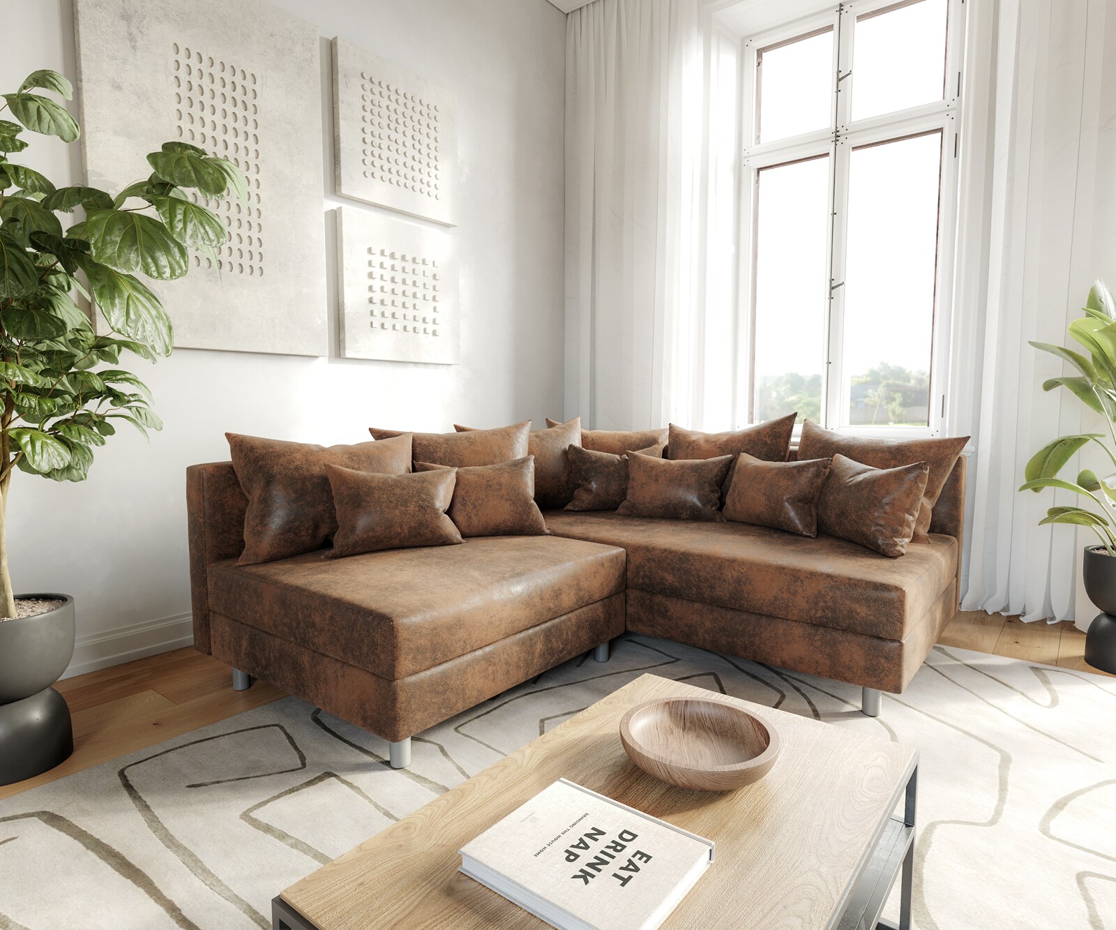 Sofa narożna Clovis brązowy antyczny szezlong prawy sofa modułowa