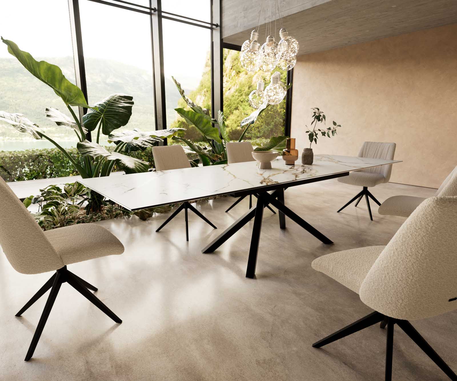 Stół do jadalni Edge 200-300x100 cm ceramika Calacatta Luxe biało-złoto-szary rama Cross czarna rozkładany