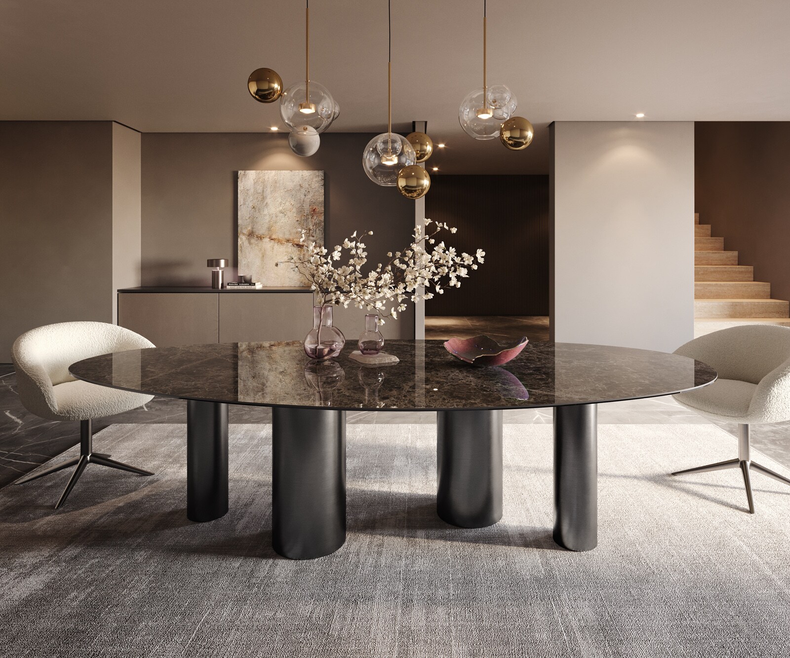 Stół do jadalni Edge owalny 280x130cm ceramika Emperador Extra Lucidato ciemnobrązowy rama Pilier stal nierdzewna grafit 2
