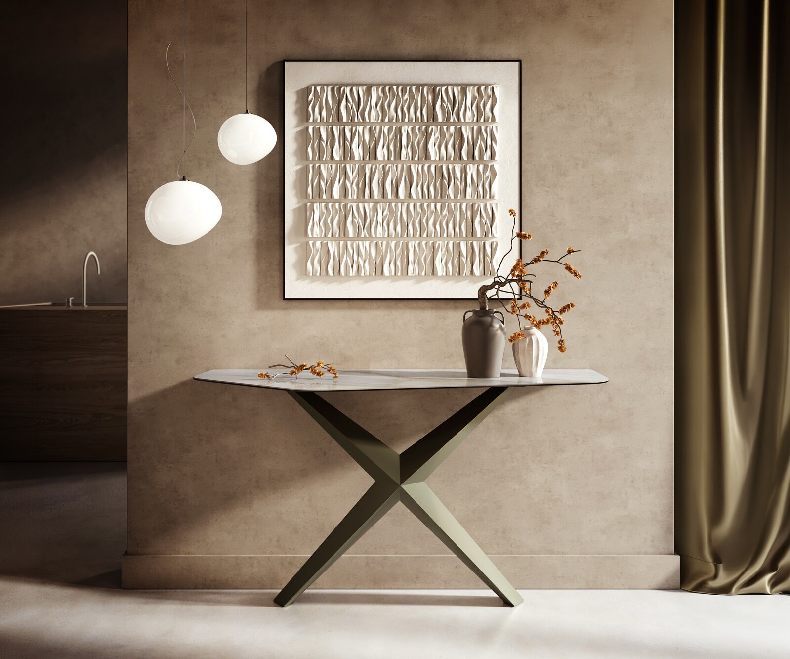 Konsola Edge wielokątna 140x50 cm ceramika Onyx Pearl podstawa Zentharo metal w kolorze tytanu 1