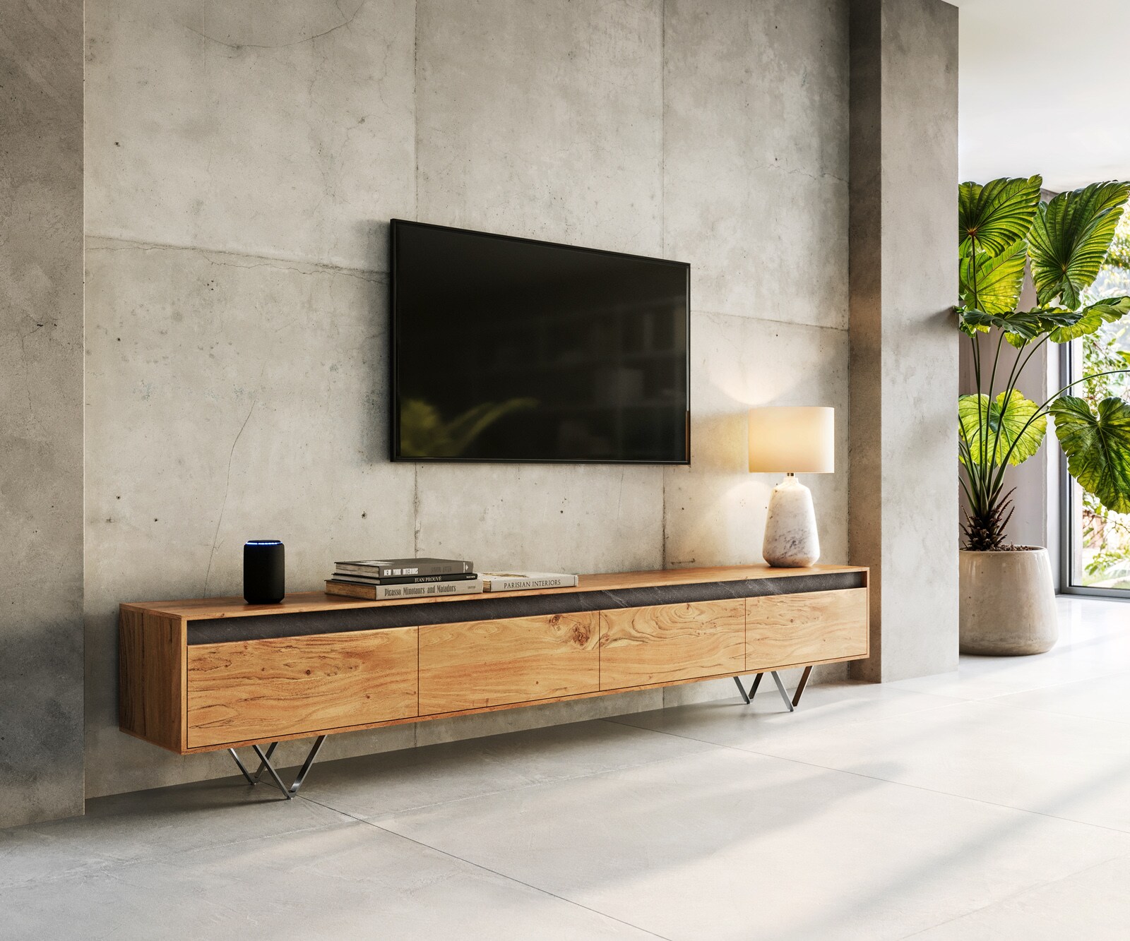 Szafka RTV Stonegrace 240 cm akacja naturalna łupek 4 drzwi
