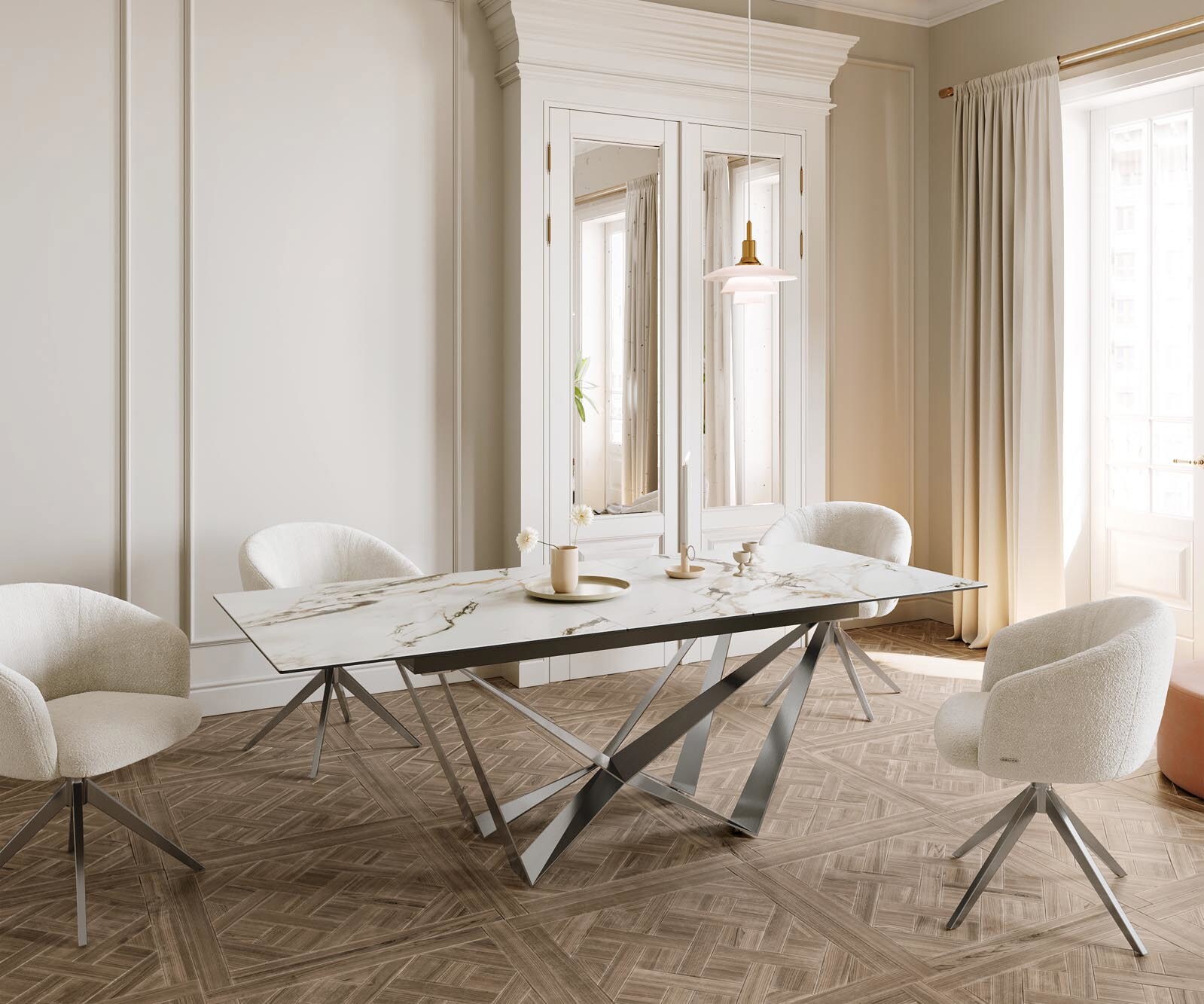 Stół do jadalni Edge 180-220x100 cm ceramika Calacatta Luxe biało-złoto-szary rama Spider stal nierdzewna rozkładany 6