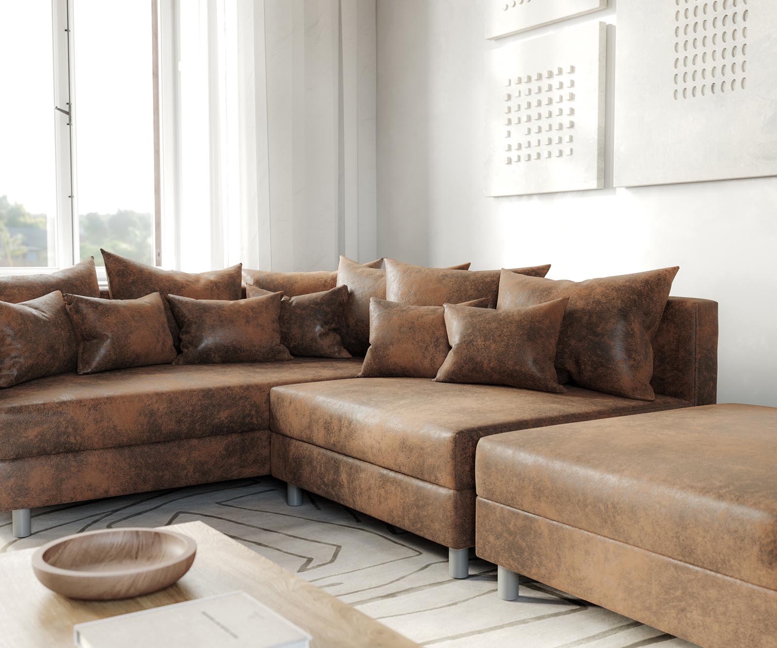 Sofa narożna Clovis brązowy antyczny sofa modułowa z pufem szezlong lewy 5
