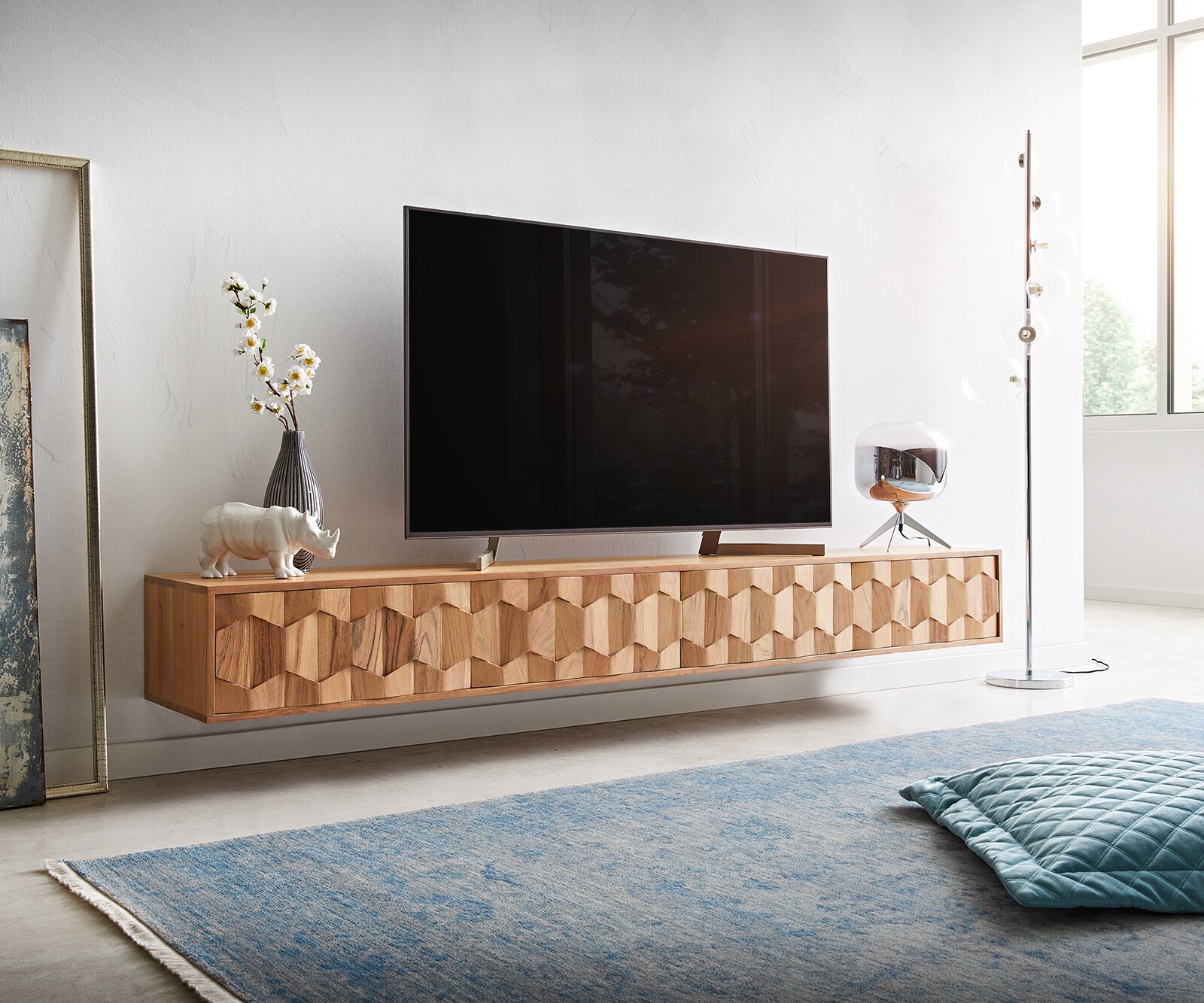 Szafka RTV Fevo 220 cm akacja naturalna 4 drzwi podwieszana