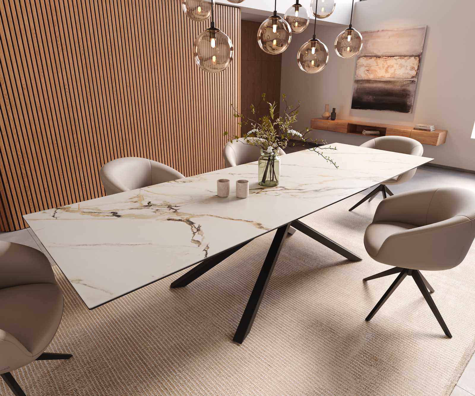 Stół do jadalni Edge 300x100cm ceramika Calacatta Luxe biało-złoto-szara rama Cross czarna 1
