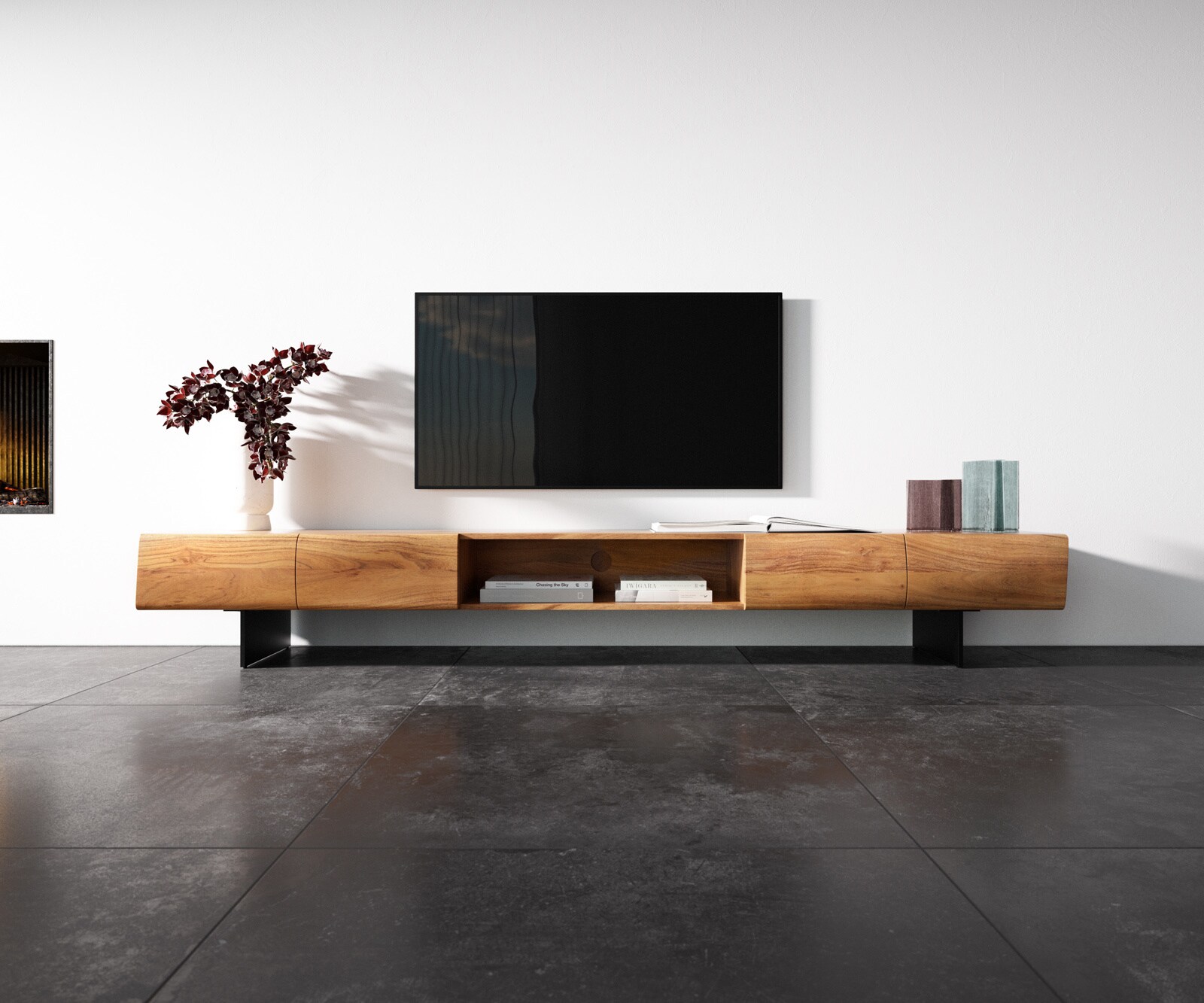 Szafka RTV New Live-Edge 240 cm akacja naturalna 4 drzwi 1 przegroda nóżki wąskie czarny metal 3
