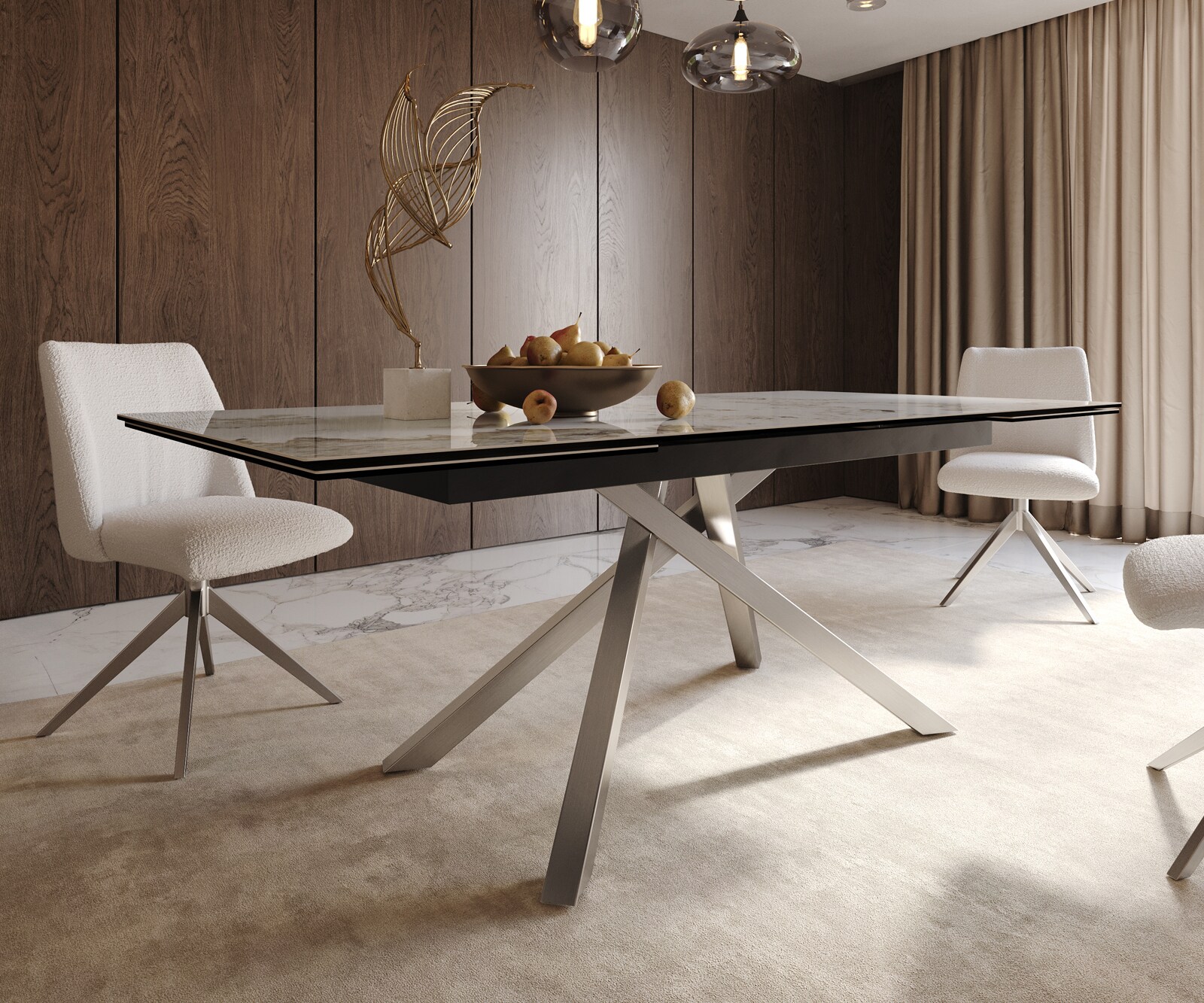 Stół do jadalni Edge 200-300x100 cm ceramika Minas Melange biało-beżowy rama Cross stal nierdzewna rozkładany 7