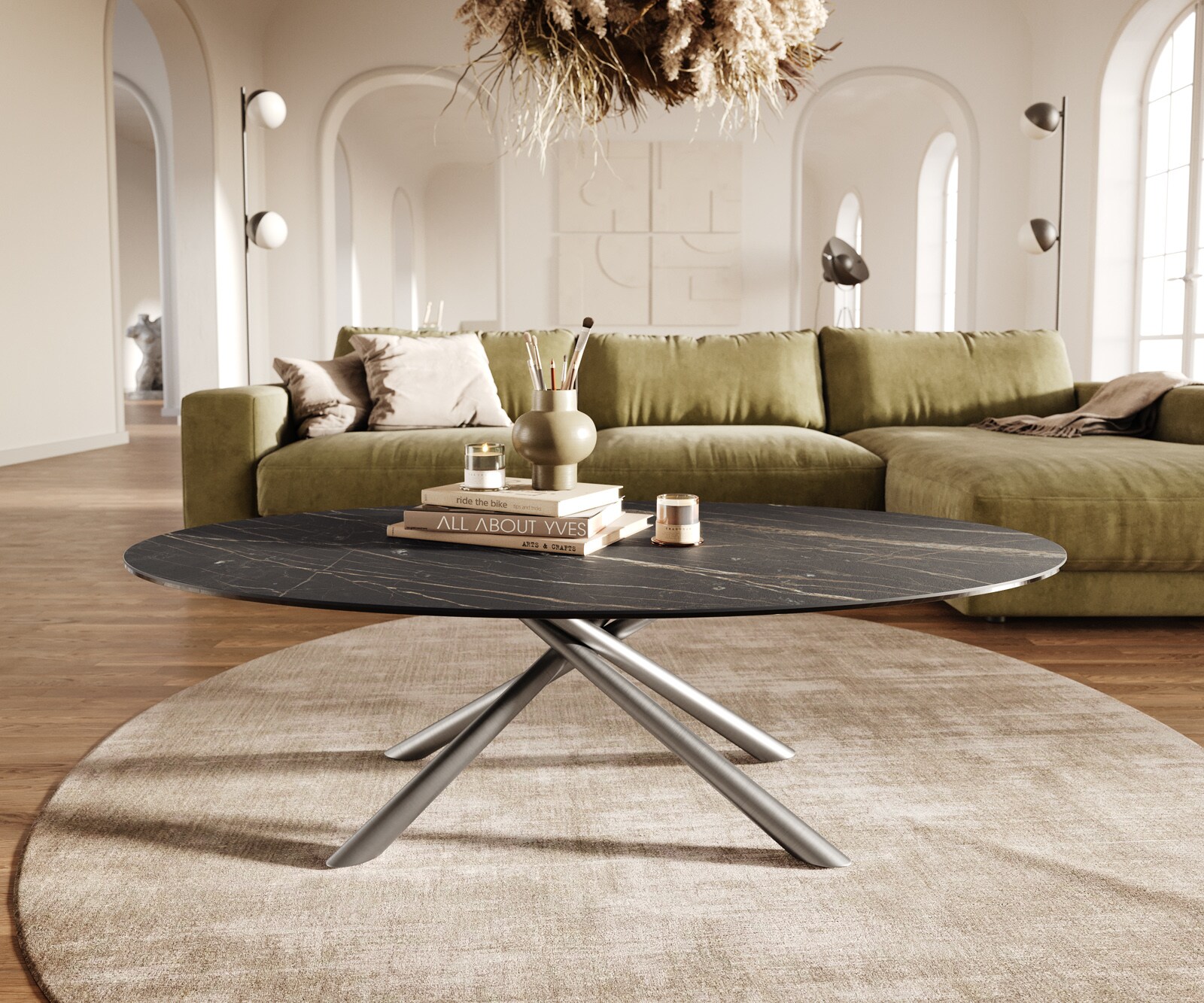 Stolik kawowy Edge owalny 140x80 cm ceramika Laminam® Noir Desir brązowa podstawa Sarity stal nierdzewna szczotkowana 2
