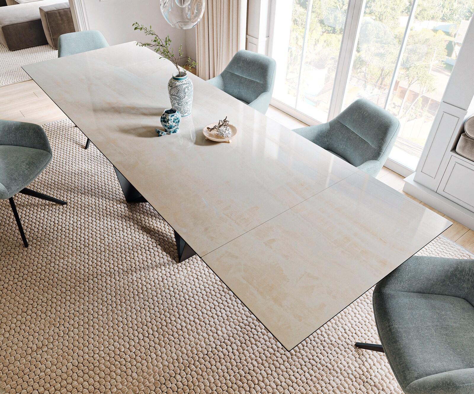 Stół do jadalni Edge 200-300x100cm ceramika Onyx Champagne rama Spider czarny rozkładany 3