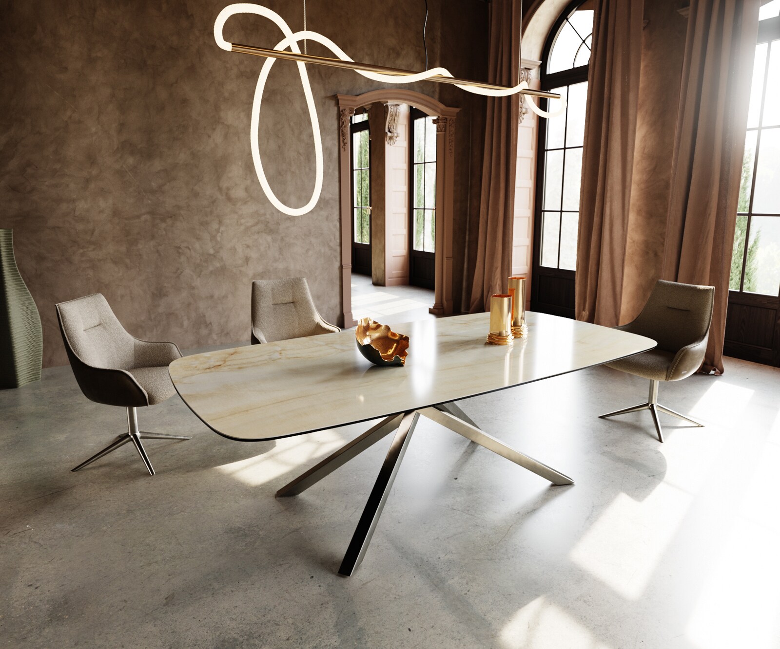 Stół do jadalni Edge w kształcie beczki 240x120cm ceramika Iris FMG Onice Oro rama Cross stal nierdzewna