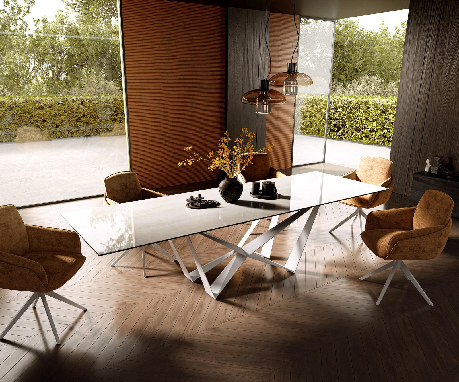 Stół do jadalni Edge 300x100 cm ceramika Onyx Champagne rama Spider metal biały 7