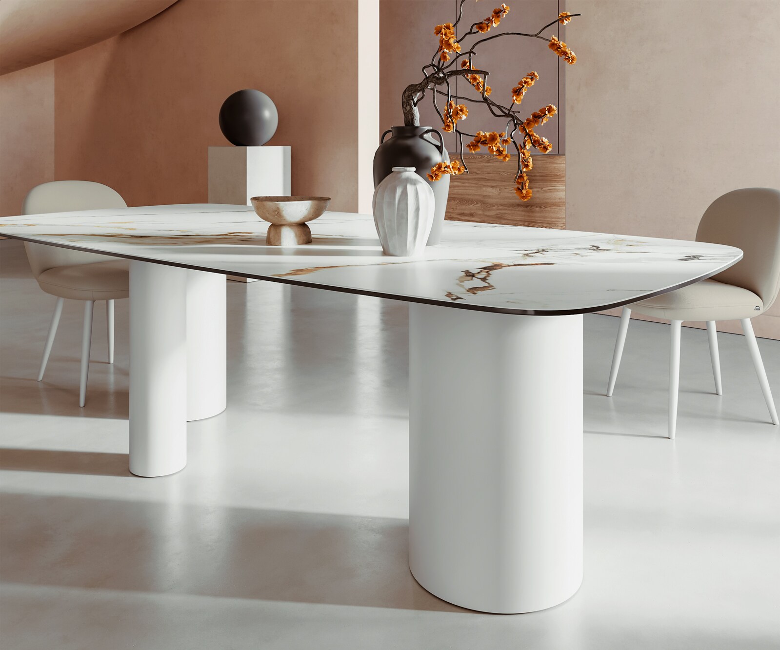Stół do jadalni Edge kształt beczki 240x120cm ceramika Calacatta Luxe biało-złoto-szary rama Troa metal biały 6