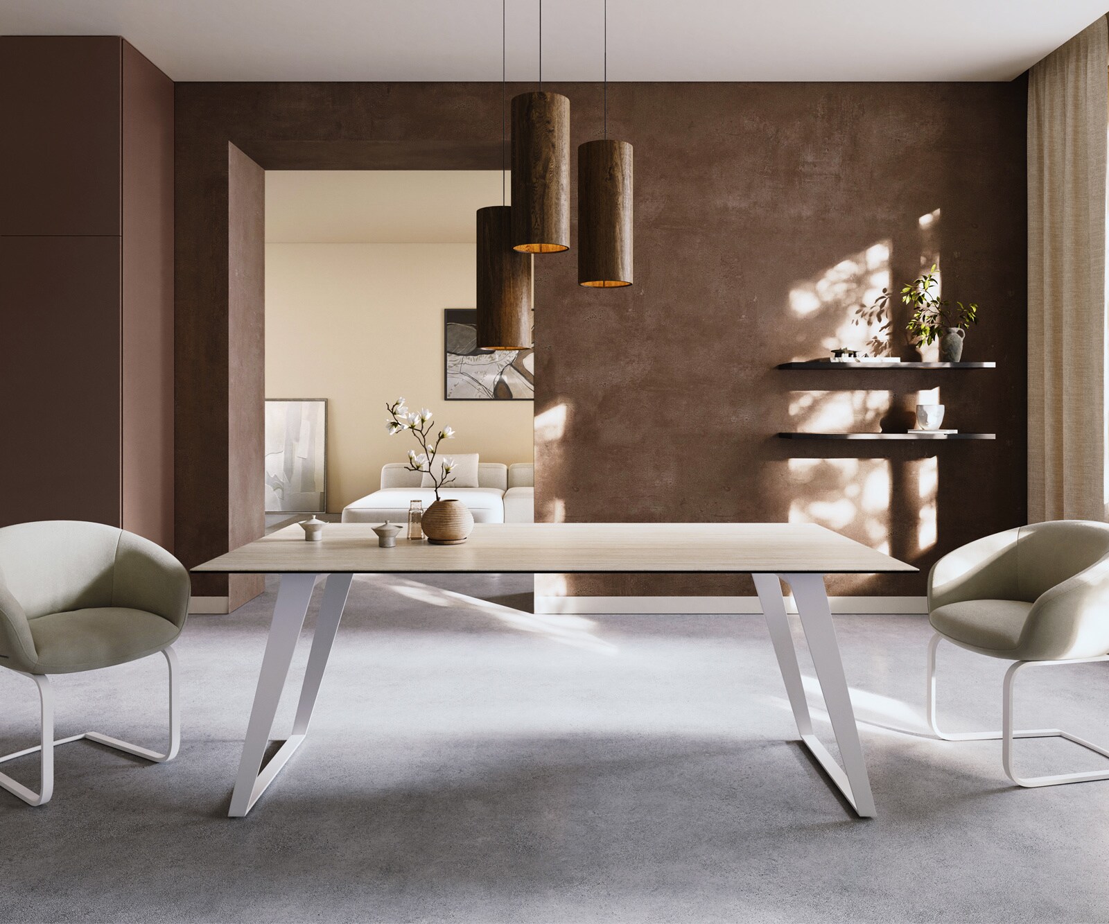 Stół do jadalni Edge 200x100cm ceramika Laminam® Travertino Bianco kremowo-biały metal pochylona rama biała