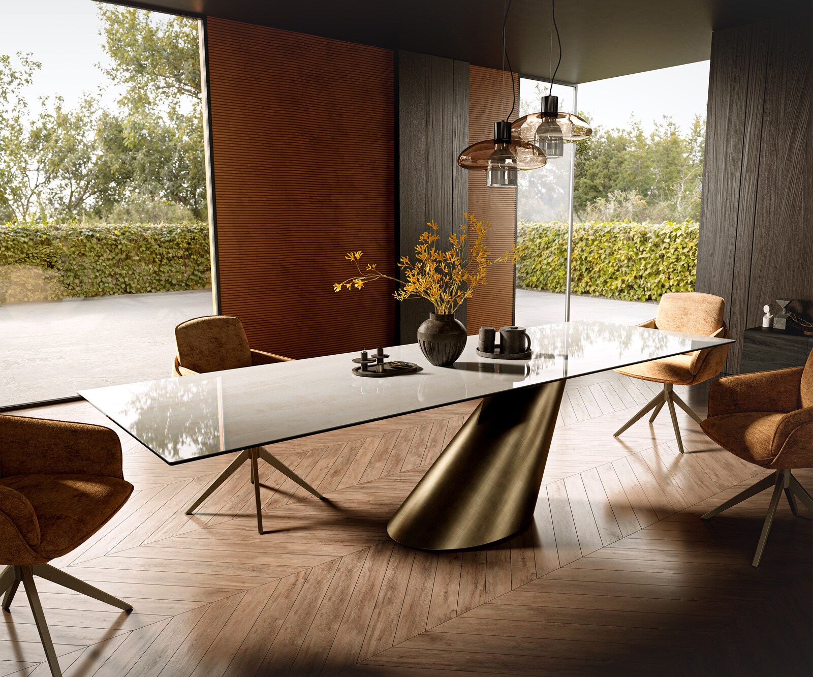Stół do jadalni Edge 300x100 cm ceramika Onyx Champagne rama Cono metaliczny złoty 1