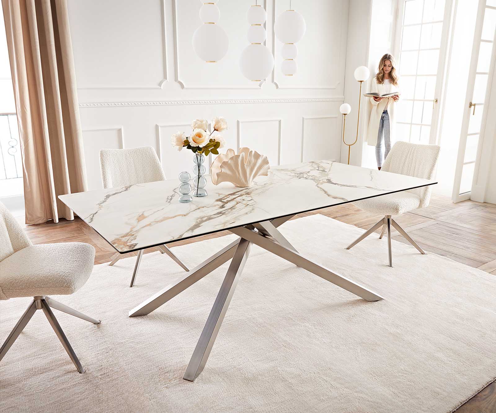 Stół do jadalni Edge 200x100 cm ceramika Calacatta Luxe biało-złoto-szary rama Cross stal nierdzewna 1