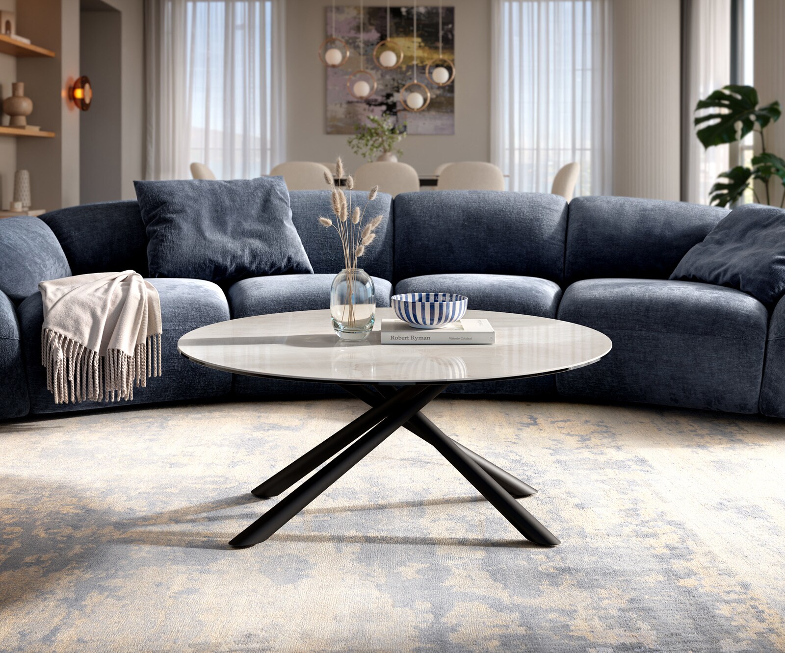 Stolik kawowy Edge okrągły 100x100 cm ceramika Onyx Champagne podstawa Sarity metal czarny 2