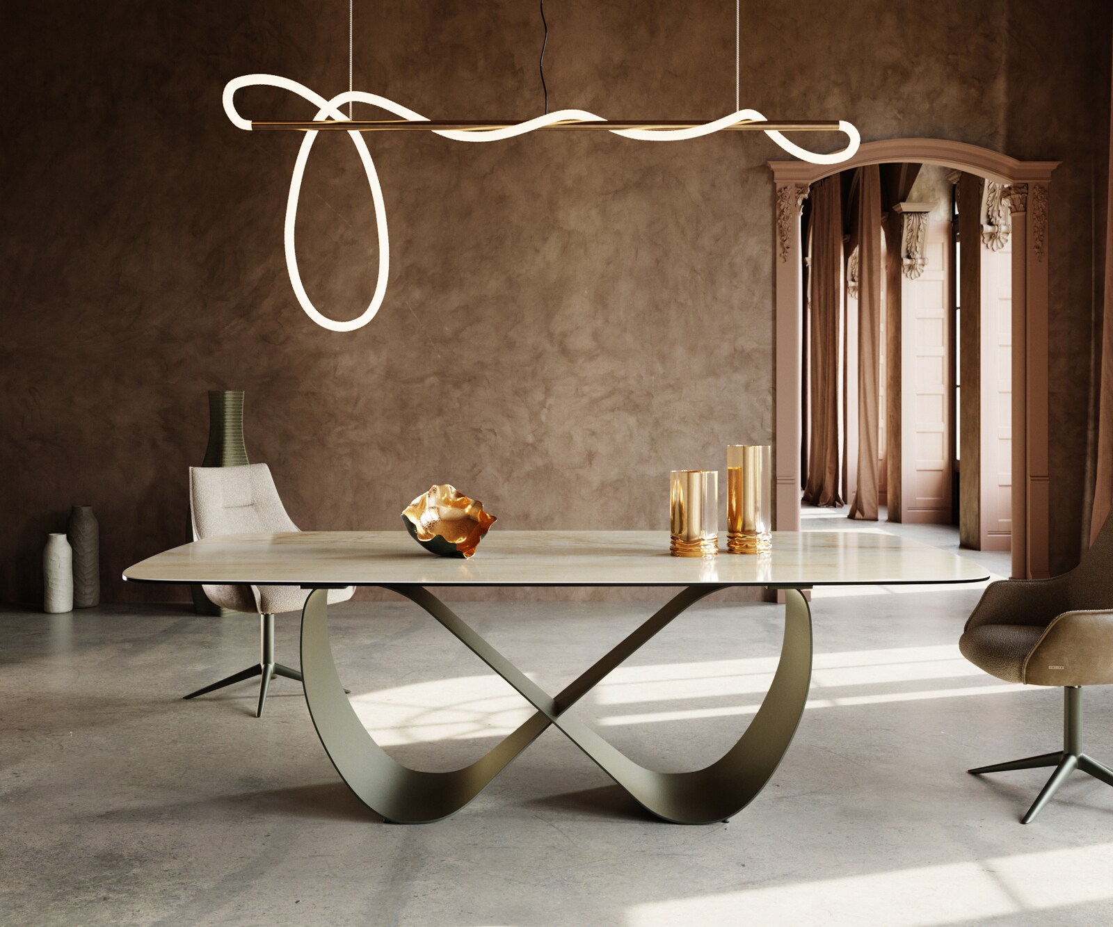 Stół do jadalni Edge w kształcie beczki 240x120cm ceramika Iris FMG Onice Oro rama Infinity metal kolor tytanowy 1