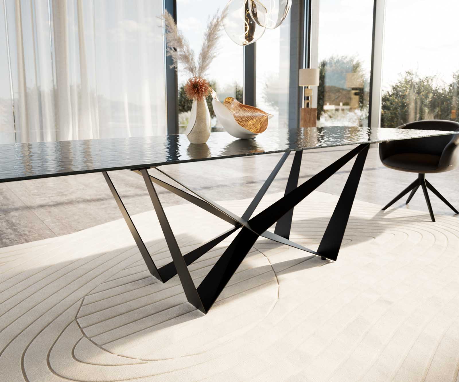 Stół do jadalni Edge 300x100cm szkło reliefowe czarne efekt 3D rama Spider metal czarna 5