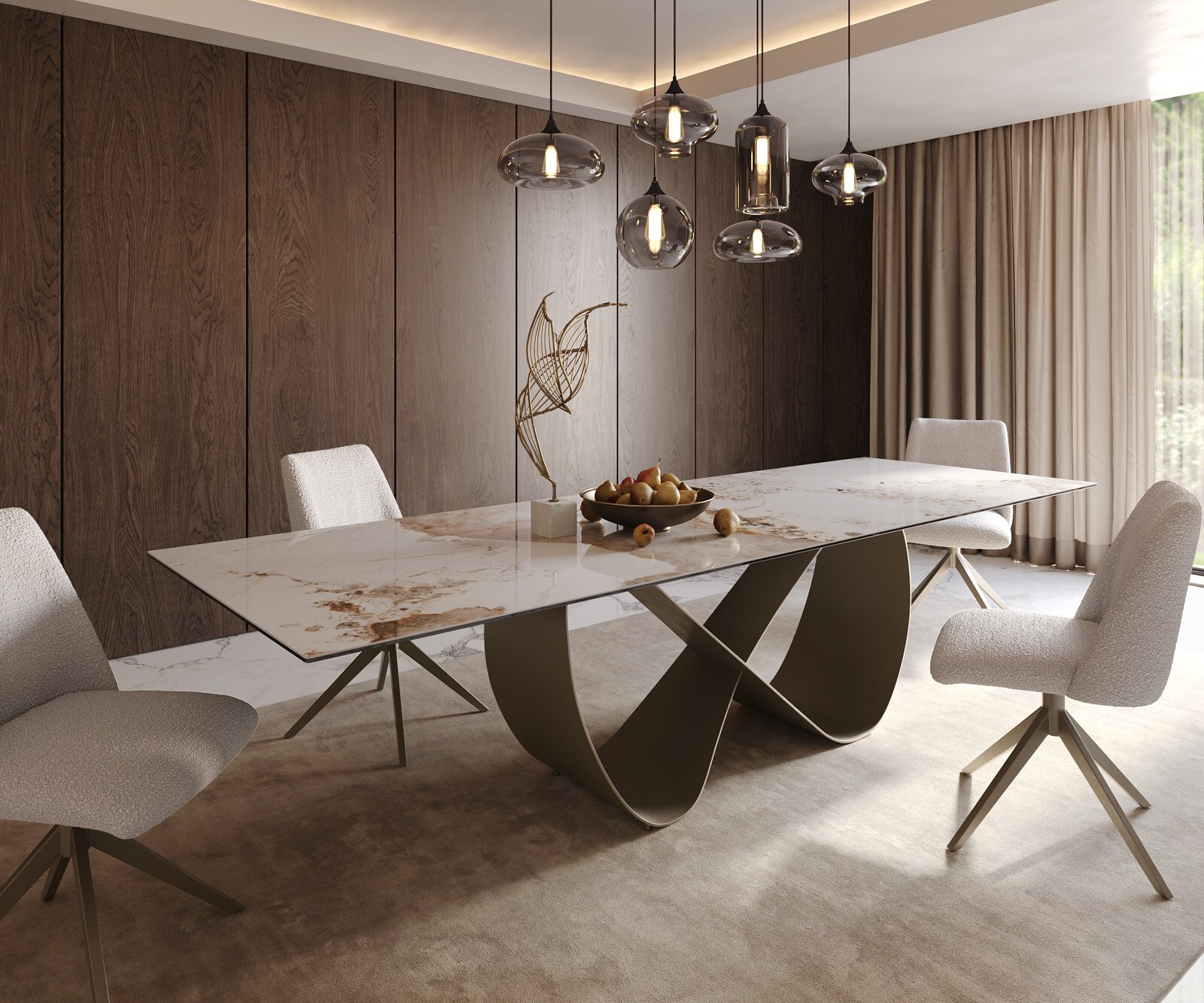 Stół do jadalni Edge 300x100cm ceramika Minas Melange biało-beżowy rama Infinity metal kolor tytanowy
