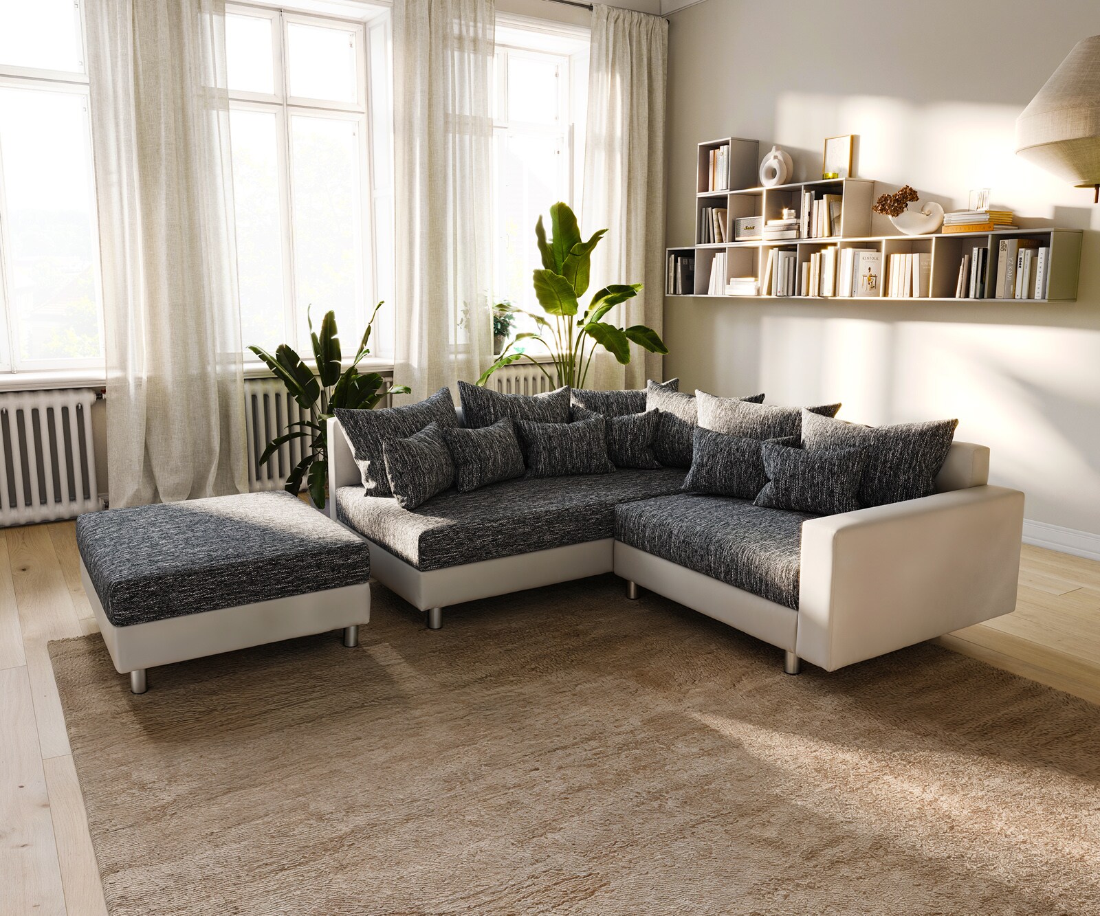 Sofa narożna Clovis biało-czarna podłokietnik puf szezlong lewy