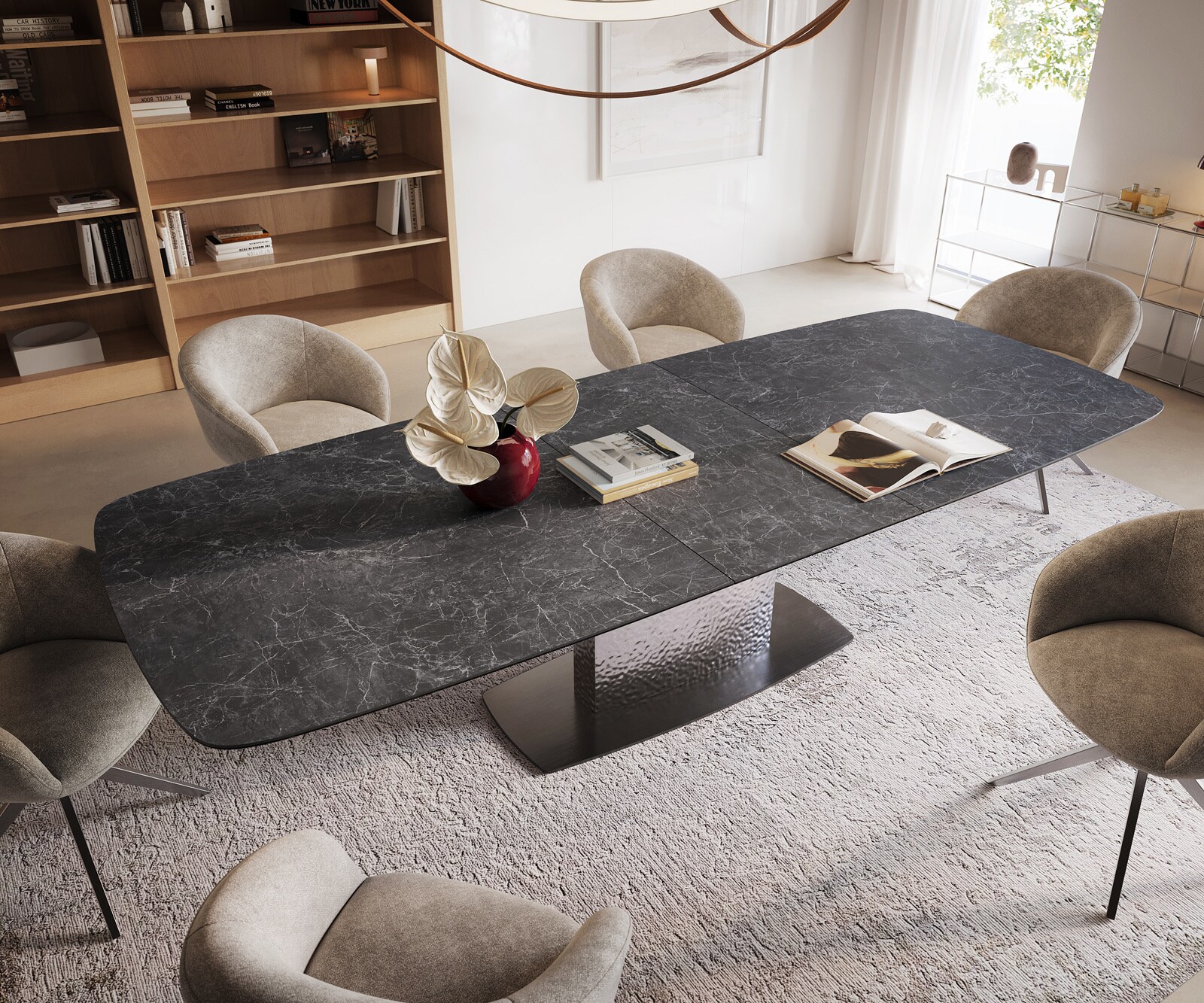 Stół do jadalni Edge w kształcie beczki 240-300x120 cm ceramika Laminam® Nero Greco Anthrazit rama Wave stal nierdzewna rozkładany 4