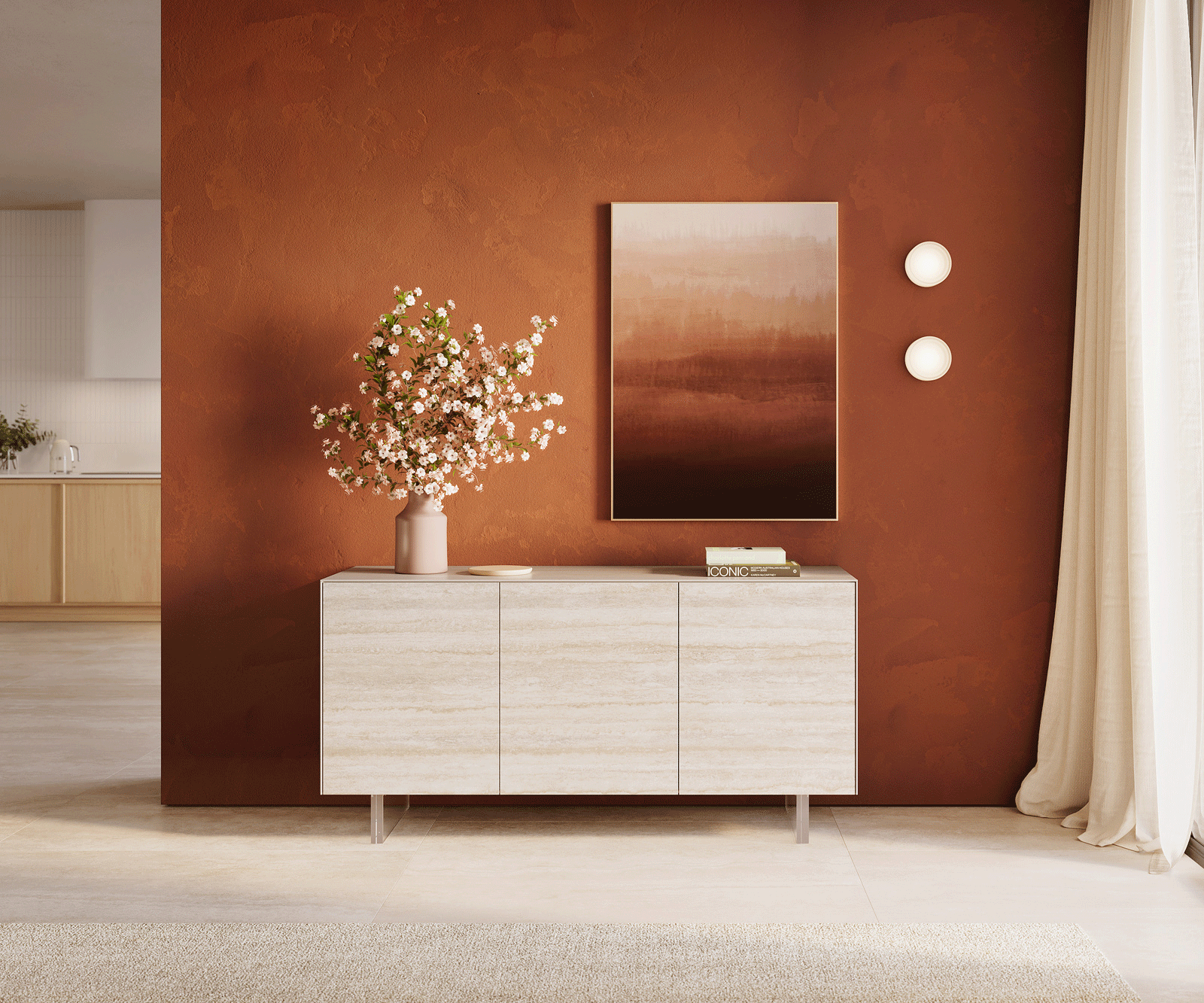 Komoda Cuor 150 cm ceramika Laminam® Travertino Bianco kremowo-biała 3 drzwi nóżki wąskie szkło akrylowe 1
