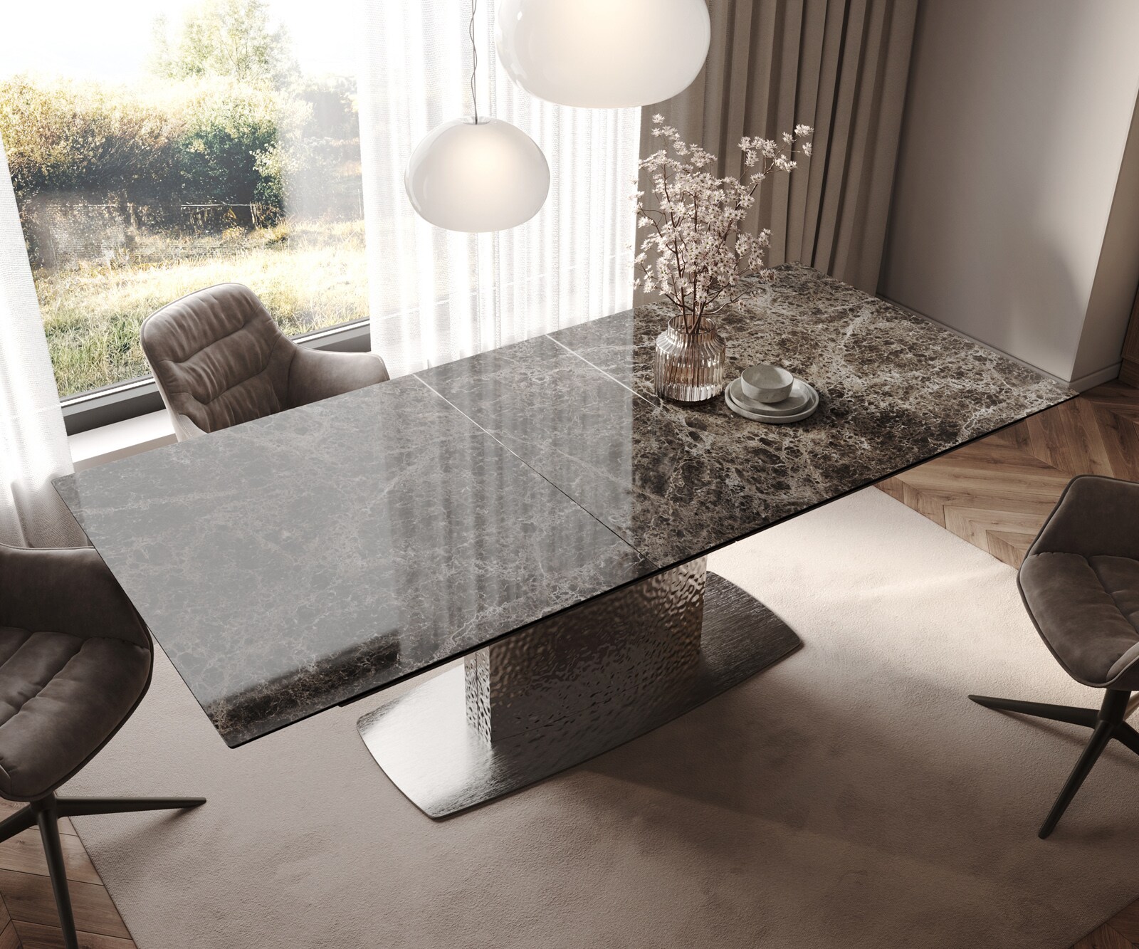 Stół do jadalni Edge 180-220x100cm ceramika Laminam® Emperador Extra Lucidato ciemnobrązowy rama Wave stal nierdzewna rozkładany 3