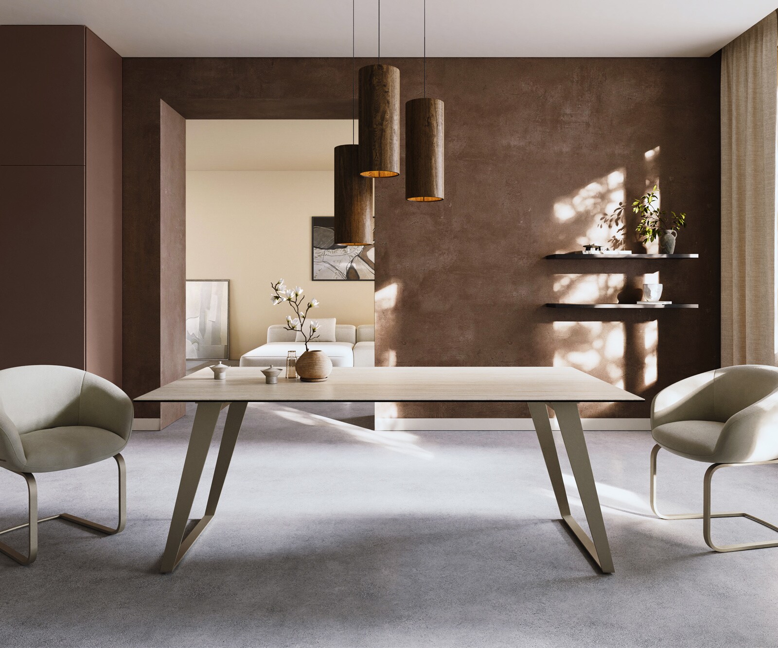 Stół do jadalni Edge 200x100cm ceramika Laminam® Travertino Bianco kremowo-biały rama pochylona metal kolor tytanowy