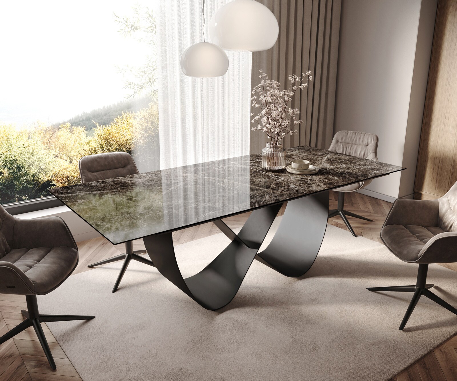 Stół do jadalni Edge 180-220x100cm ceramika Laminam® Emperador Extra Lucidato ciemnobrązowy rama Infinity metal czarny rozkładany