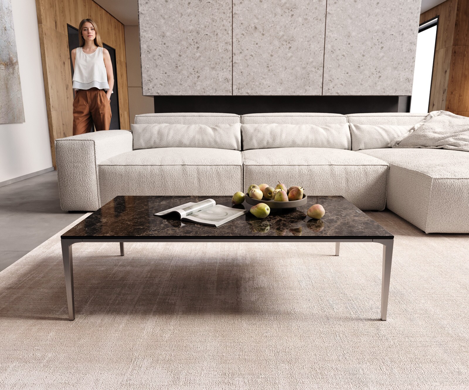 Stolik kawowy Levente 110x60 cm ceramika Emperador Extra Lucidato ciemnobrązowy rama stal nierdzewna srebrny 1