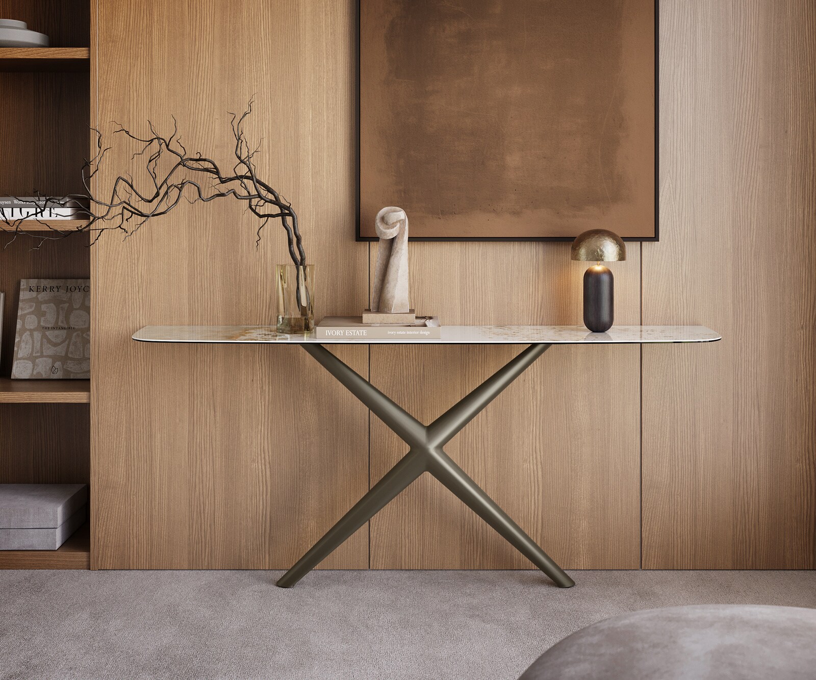 Konsola Edge w kształcie beczki 180x40 cm ceramika Minas Melange biało-beżowa rama Estelo metal w kolorze tytanu 1