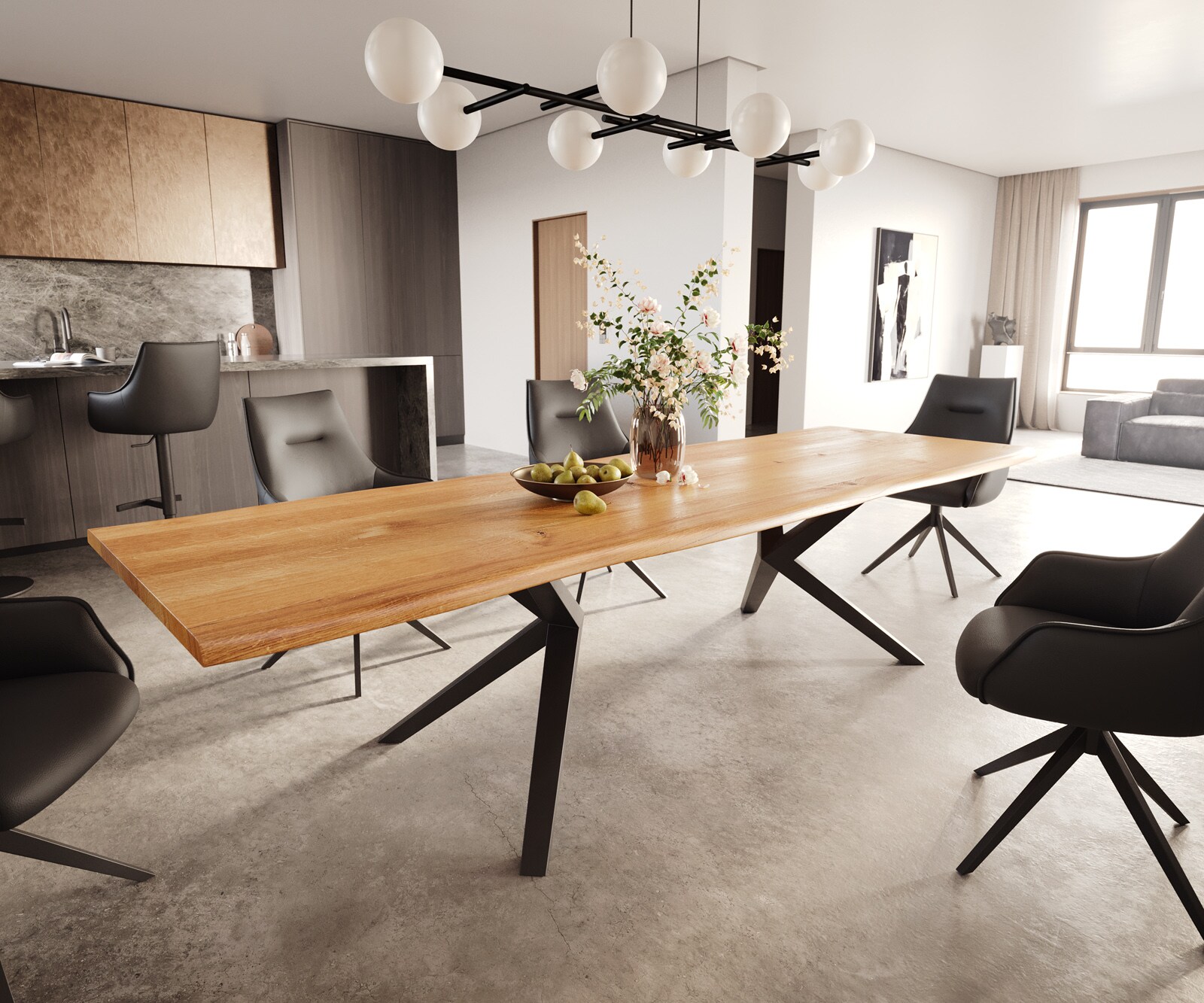 Stół do jadalni Edge 300x100x4cm dąb naturalny rama Zenthara metal czarny live-edge 1