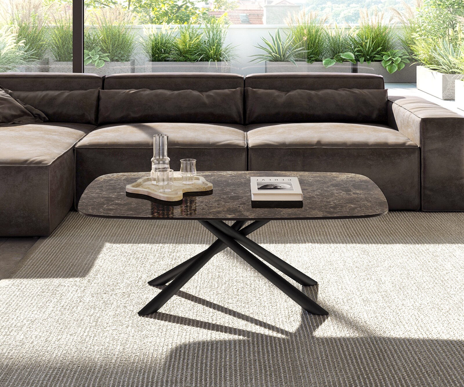 Stolik kawowy Edge w kształcie beczki 120x70 cm ceramika Laminam® Emperador Extra Lucidato ciemnobrązowy Sarity czarny metal 1