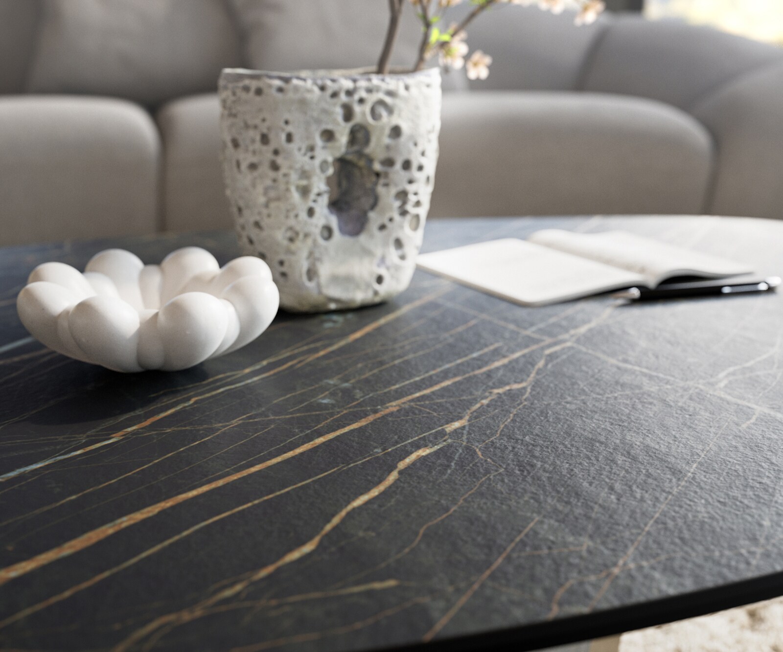 Stolik kawowy Edge organiczny 140x76 cm ceramika Laminam® Noir Desir brązowy Parabi czarny metal 6