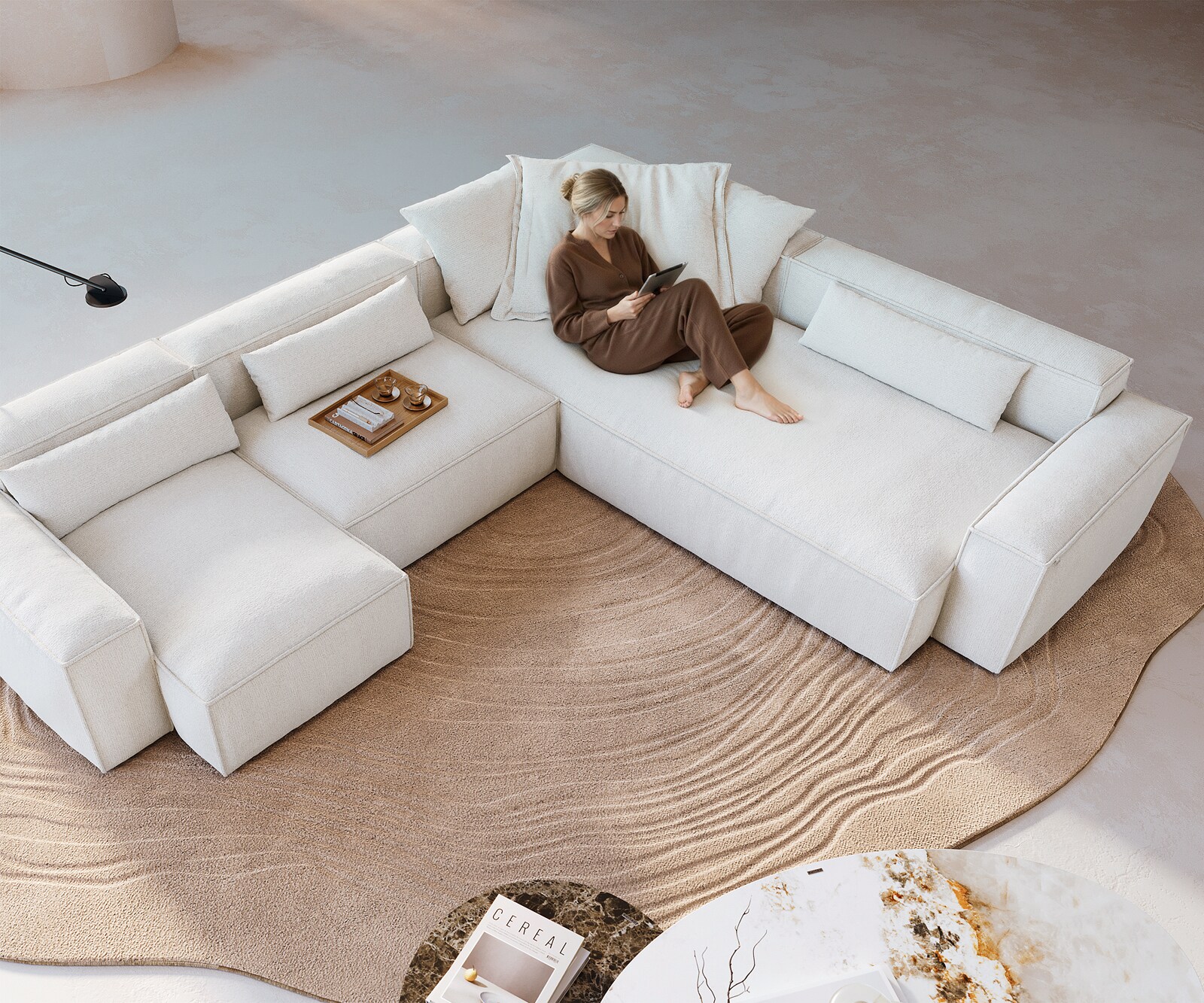 Sofa w kształcie litery U Freestyle 360x290 cm miękka tkanina bouclé beżowa z lamówką 3