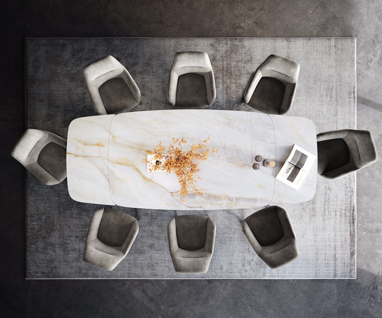 Stół do jadalni Edge w kształcie beczki 200-300x120 cm ceramika Onyx Pearl rama Wave stal nierdzewna rozkładany 7