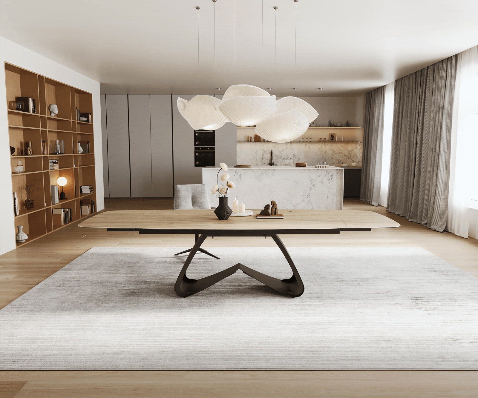 Stół do jadalni Edge w kształcie beczki 200-300x120 cm ceramika Laminam® Sabbia w kolorze dębu rama typu W metal czarny rozkładany 1