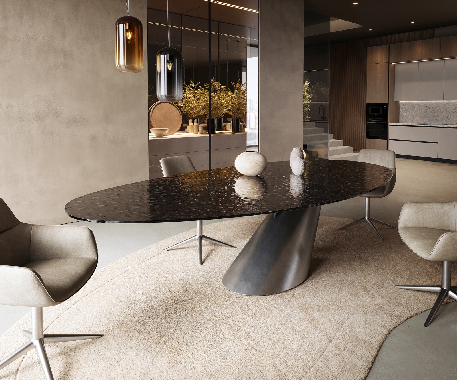 Stół do jadalni Edge owalny 280x130 cm szkło reliefowe dymna czerń efekt 3D rama Cono metaliczny srebrny 2