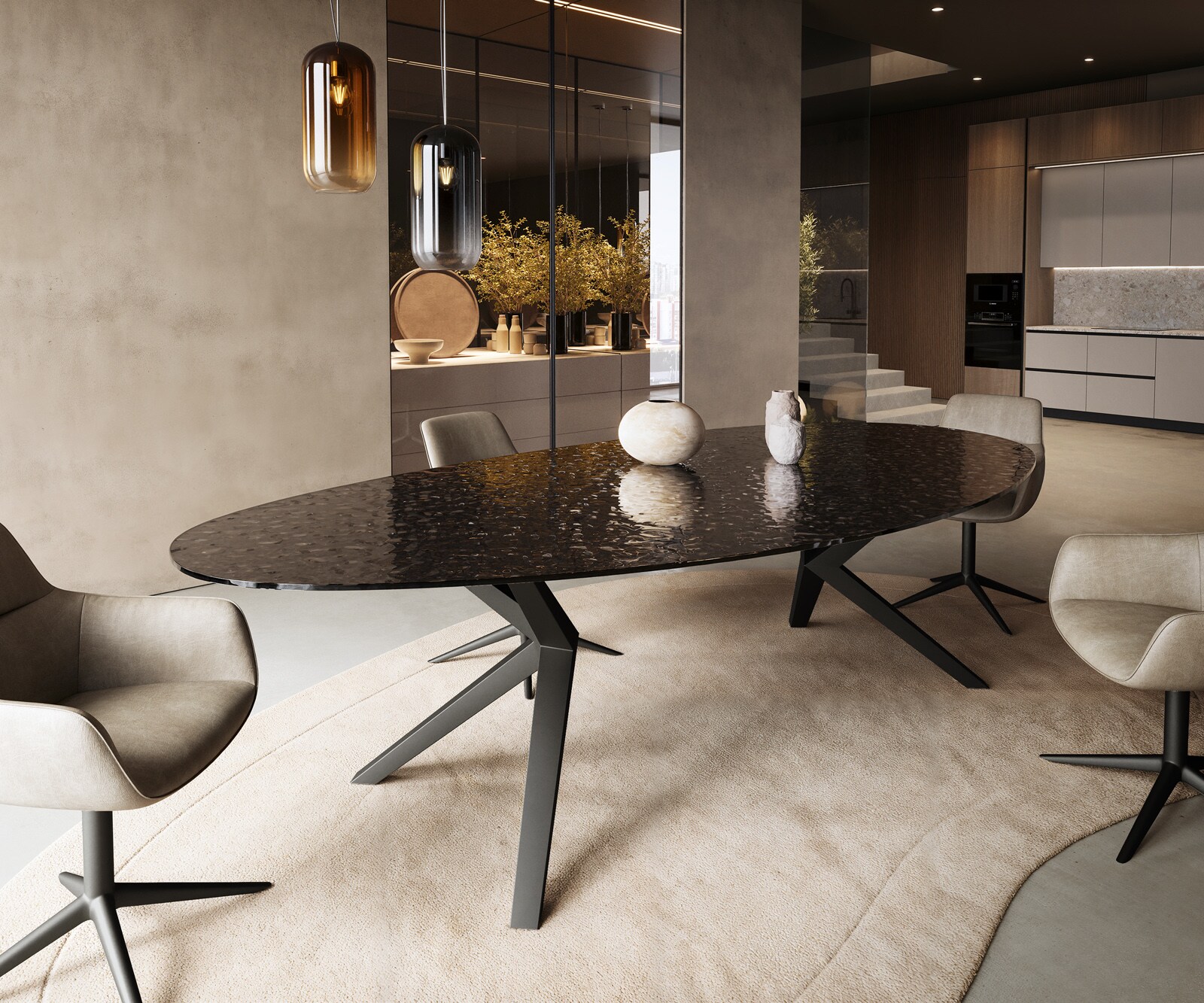 Stół do jadalni Edge owalny 280x130 Reliefglas Rauchczarny efekt 3D Zenthara metal czarny 1