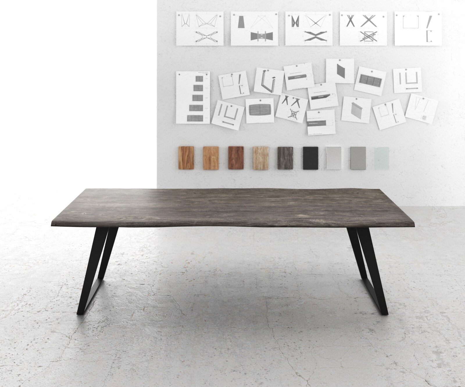 Stół do jadalni Edge 260x100 cm akacja platynowa metal pochylona rama live-edge 1