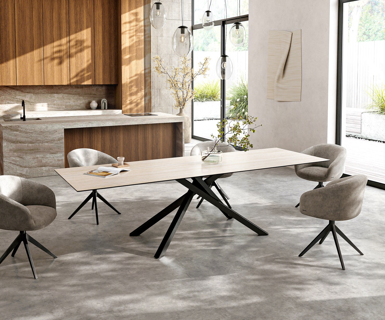 Stół do jadalni Edge 300x100cm ceramika Laminam® Travertino Bianco kremowo-biały rama Cross czarny 6