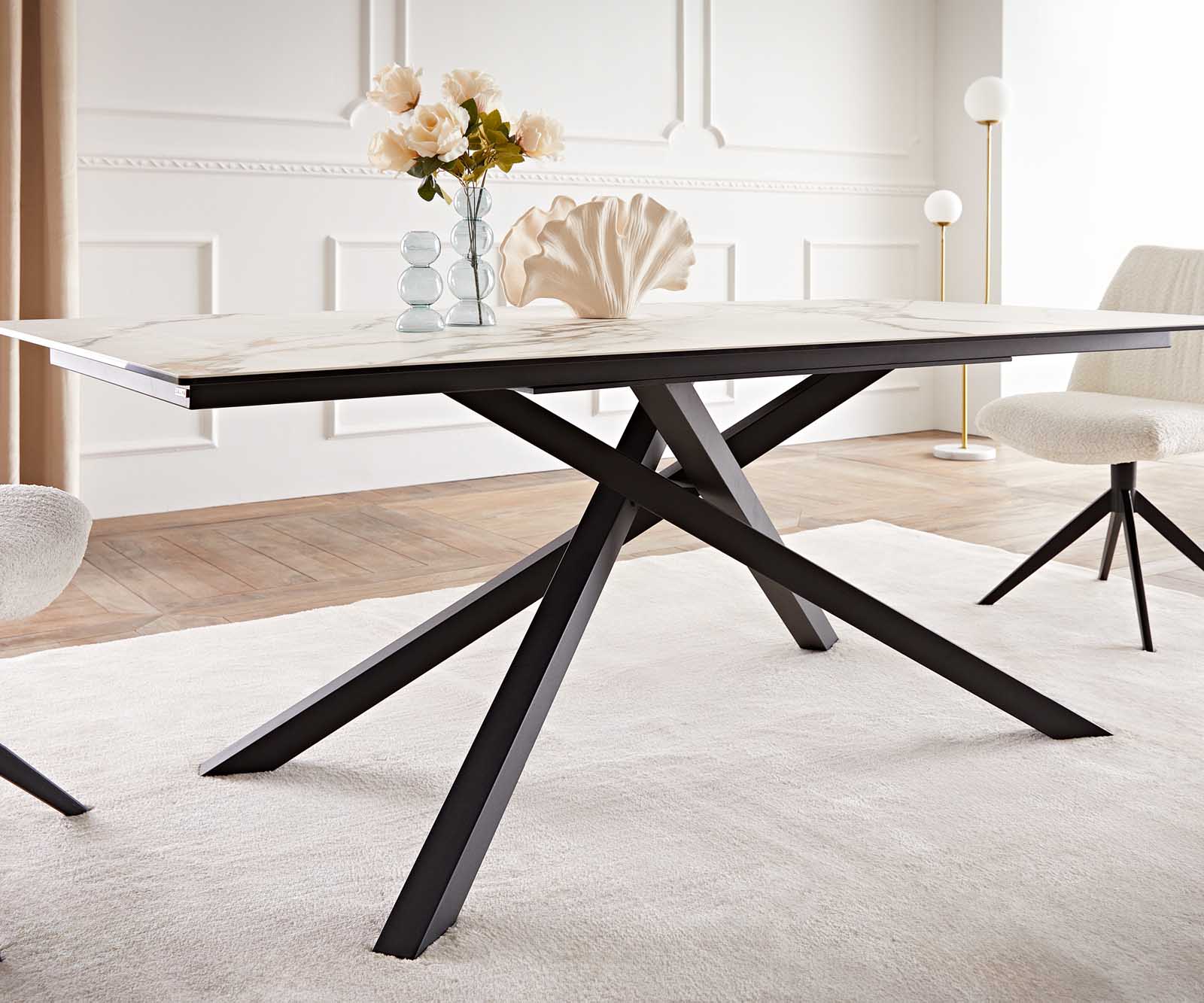 Stół do jadalni Edge 200x100 cm ceramika Calacatta Luxe biało-złoto-szary rama Cross czarna 6