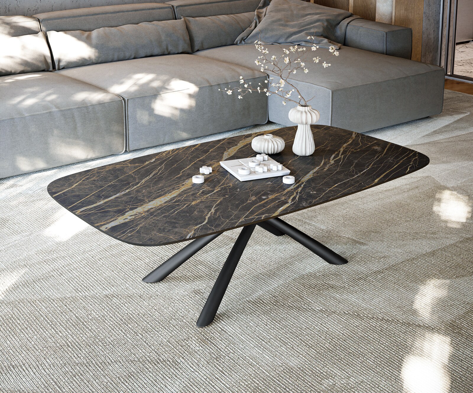 Stolik kawowy Edge w kształcie beczki 140x80 cm ceramika Laminam® Noir Desir brązowy Sarity czarny metal 2