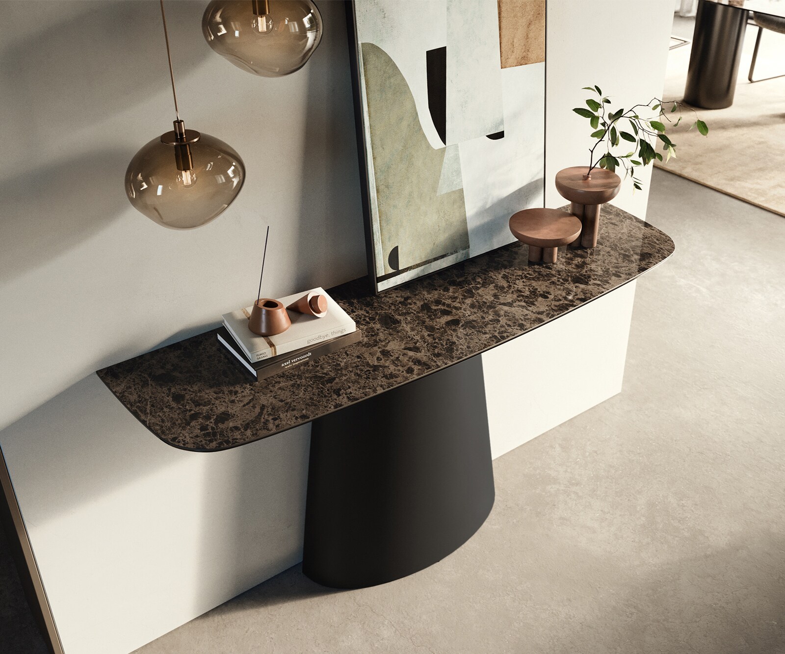 Konsola Edge w kształcie beczki 140x40 cm ceramika Emperador Extra Lucidato ciemnobrązowa rama Conos metal czarny 2